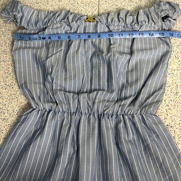 CELINE Off-The-Shoulder Gathered Mini Dress Blue Striped Silk Classic French - Picture 8 of 13